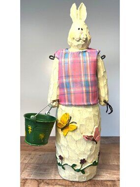 Hand-Carved Wooden Bunny Figurine With Plaid Apron & Green Metal Bucket Decor
